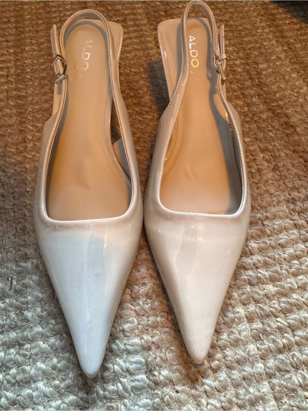 ALDO Cream Patent Pointed Toe Slingback Kitten Heels